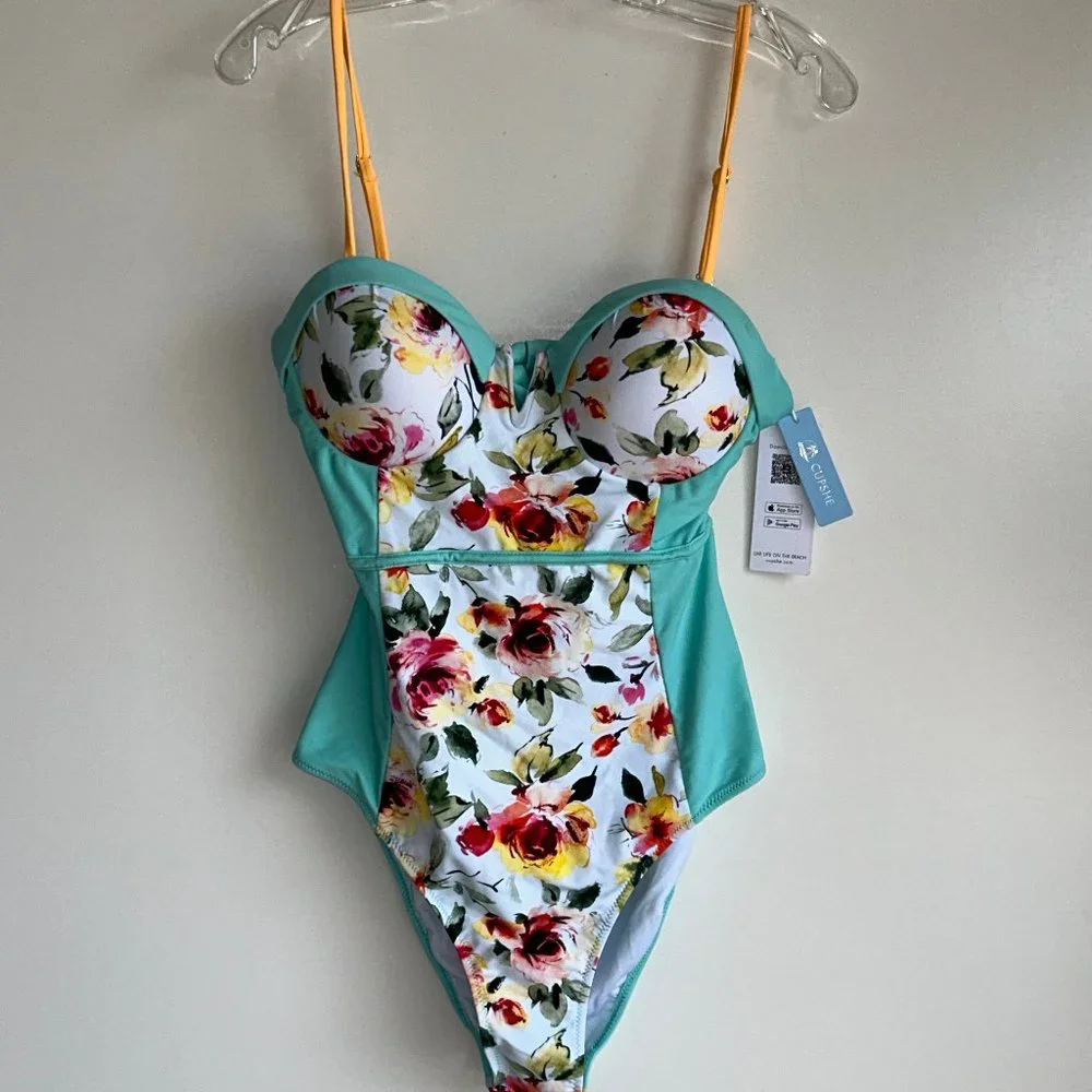 NWT CUPSHE One-Piece Blue Floral Swimsuit Size Large - Picture 1 of 9